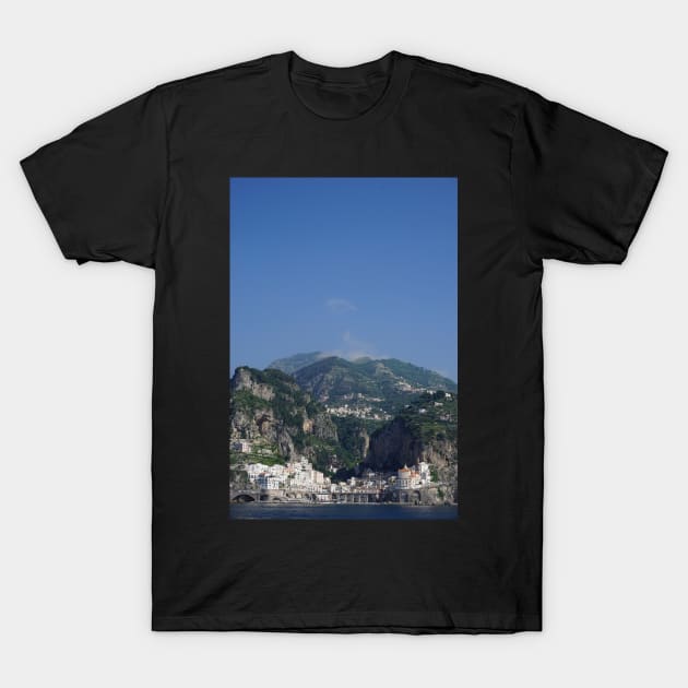 amalfi coast southwestern italy seaside town view from sea T-Shirt by maplunk